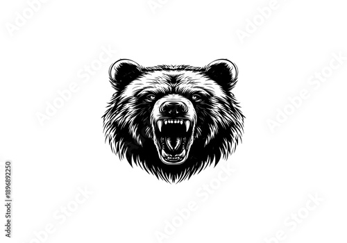 Detailed black and white illustration of a roaring grizzly bear head