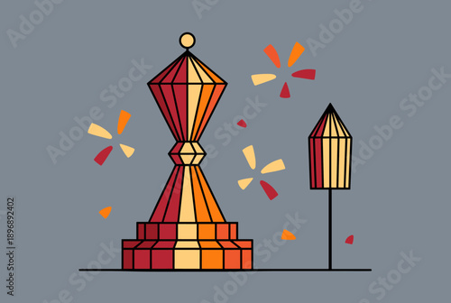 Stylized illustration of two traditional Diwali lanterns or firecrackers with festive sparks on a grey background, depicting a cultural celebration.