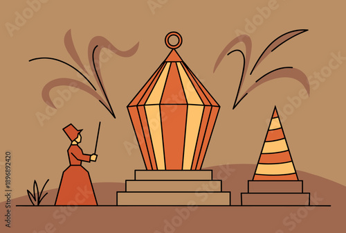 Illustration of a person in historical dress holding a wand next to two striped conical structures, with stylized bursts in the background.