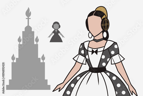 Stylized illustration of a woman in traditional polka dot dress with elaborate hairstyle and earrings, alongside a silhouette of a tiered monument with flames and a cross.