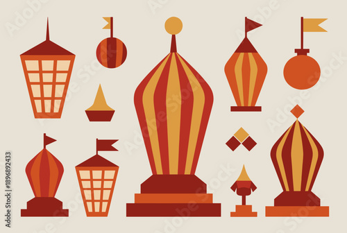 Collection of stylized architectural domes, spires, and lanterns with striped patterns in warm colors, vector illustration.