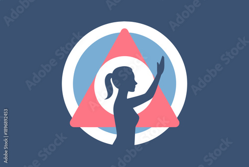A graphic illustration depicting a woman's silhouette with a raised hand, symbolizing advocacy, awareness, or women's rights.