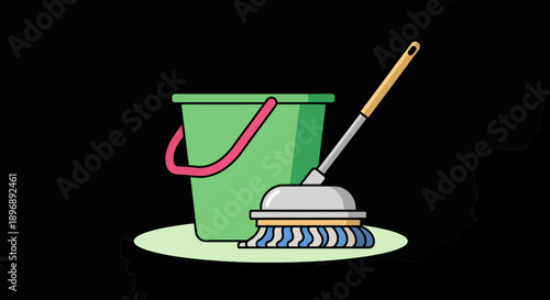 Essential household cleaning supplies: a green bucket and a floor mop for domestic hygiene