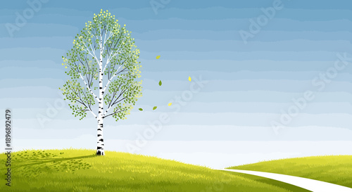 A serene landscape illustration featuring a lone birch tree on a vibrant green hill with a winding path