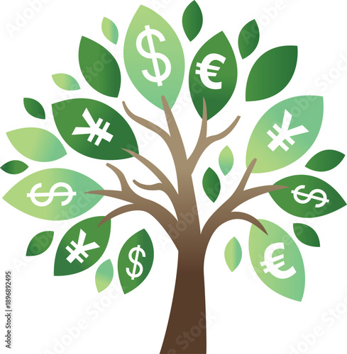Editable vector illustration of a modern money tree representing financial growth, investment, and global currency exchange.