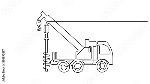 Single continuous line drawing of vehicle driller for drilling soil earth work. Heavy construction machines equipment concept. Truck driller for soil earth drilling vector illustration