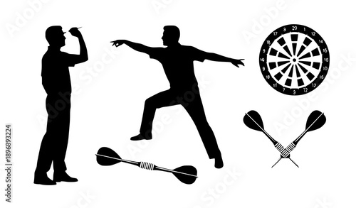 Dart sport silhouette vector set with dartboard steel arrows crossed darts and male player throwing dart