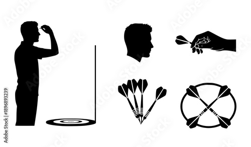 Flat dart game silhouette icons vector with steel dart arrows dartboard and aiming man