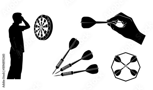 Professional dart throwing silhouette vector collection with crossed steel darts arrows and dartboard