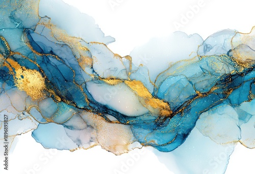 Flowing artwork with vibrant blues, hints of gold, and ethereal shapes against a white backdrop. The design evokes fluidity and depth