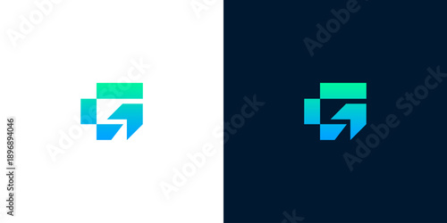 Abstract geometric logo design in blue and green hues on white and dark backgrounds representing innovation and technology