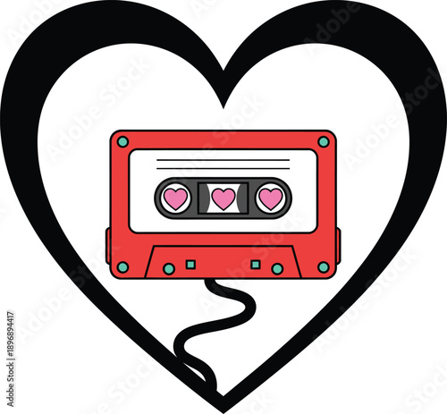 Retro mixtape love sticker | Vintage cassette tape with hearts for romantic music concept
