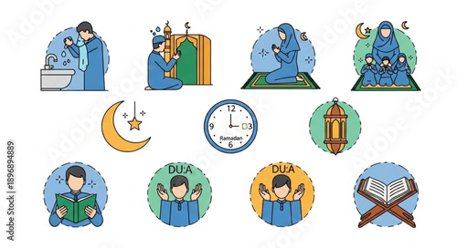 Islamic cultural icons representing prayer and religious practices.