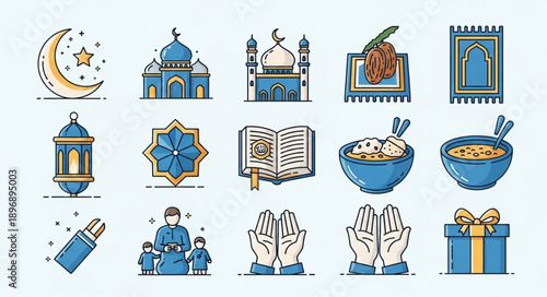 Islamic cultural icons set for Ramadan and Eid celebrations.