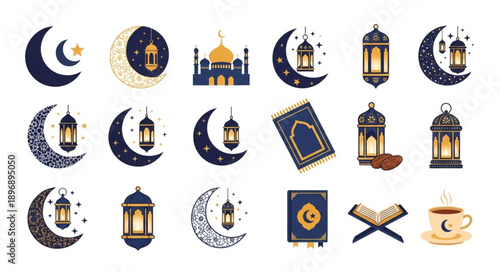 Islamic cultural symbols and decorations for Ramadan and Eid.
