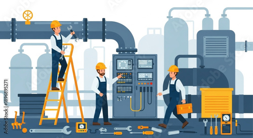 Industrial workers performing maintenance on machinery and pipes.