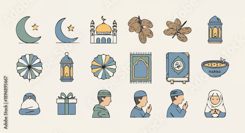 Islamic cultural icons and symbols collection for Ramadan and Eid.