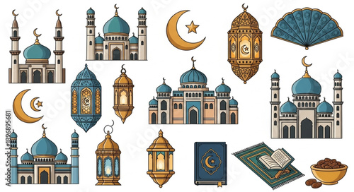 Islamic cultural elements including mosques lanterns and crescent moon.