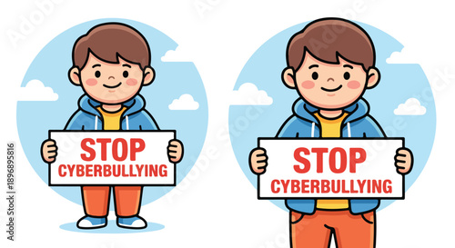 Stop Cyberbullying Kids Mascot Flat Vector Illustration