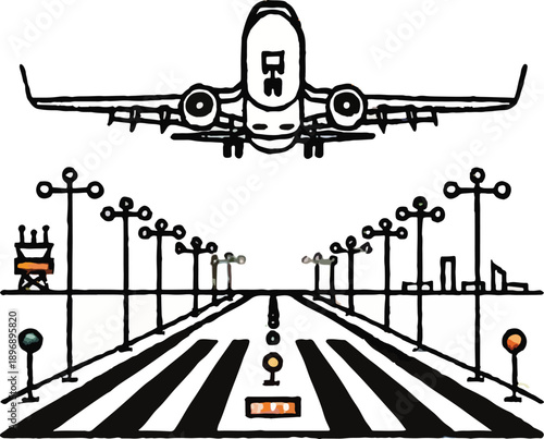 Airplane landing on airport runway with lights aircraft