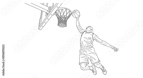 a dynamic basketball player soaring high in mid-air preparing to dunk the ball into the hoop during an intense game illustrating sports action.