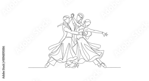 line art of three elegant ballroom dancers two men one woman performing a graceful synchronized routine perfect for artistic dance studio and performance branding.