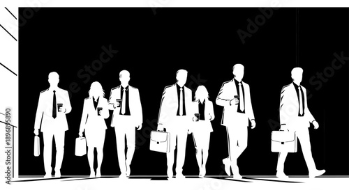 monochrome silhouettes of business people walking with briefcases and coffee embodying the daily corporate commute and urban work.