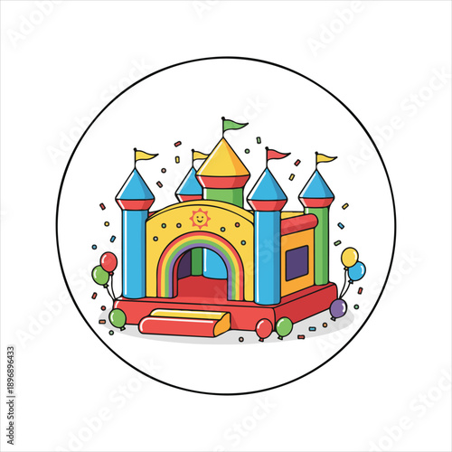 Colorful inflatable bouncy castle for children's party celebration with balloons and confetti in a circle.