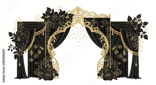 Luxurious black and gold ornate stage curtain with floral decorations.