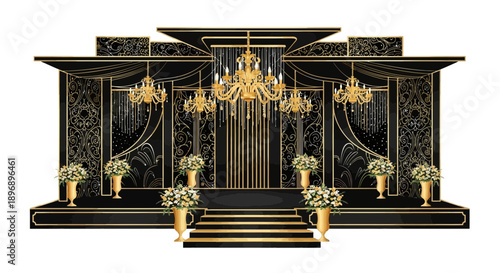 Luxurious black and gold wedding stage decoration with chandeliers and floral arrangements.