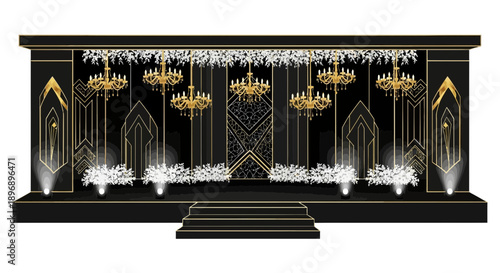 Luxurious black and gold stage backdrop with chandeliers and ornate decorations.
