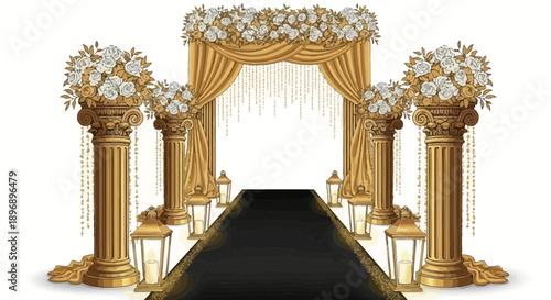 Luxurious wedding entrance with golden pillars and floral decorations.