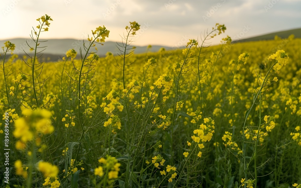 Fototapeta premium Canola Field at Sunset: Golden canola flowers blanket a rolling field, illuminated by the warm, inviting light of a setting sun. A breathtaking view of nature's beauty