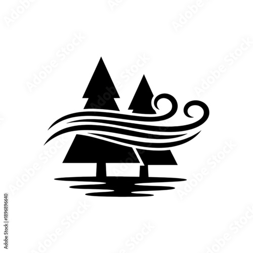 A silhouette style vector image depicting evergreen pine trees swaying as wind gusts blow through the forest landscape