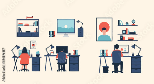 Office Workers at Desks with Computers.