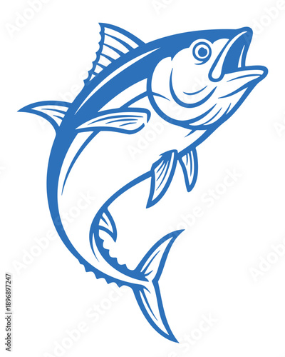 Simple blue outline jumping tuna logo design for seafood and fishing brand