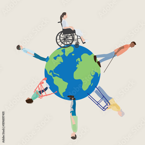 Global disability awareness vector illustration with diverse people forming a circle around a globe, representing inclusion, equality, accessibility and unity worldwide.