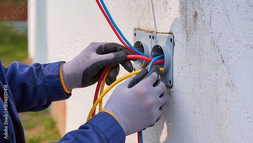 Photos electrician fixing electrical outlet