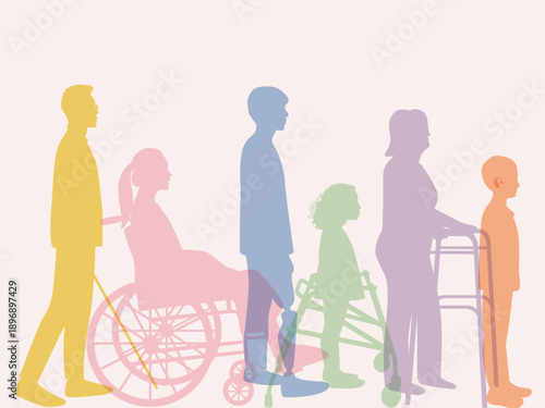 Silhouette illustration of people with diverse disabilities, including hearing aid, wheelchair, walking frame, prosthetic leg, symbolizing inclusion.