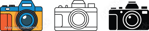 Camera, icon, set, illustration, showing, colorful, outline, solid, photography, symbols, isolated, on, white, background, modern, flat, vector, design, concept, collection