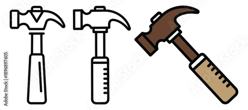 Construction tool hammer illustration vector set depicting various styles of carpentry equipment and hardware
