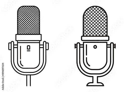 Two microphone icons one solid silhouette and one detailed line art style for podcasting vector