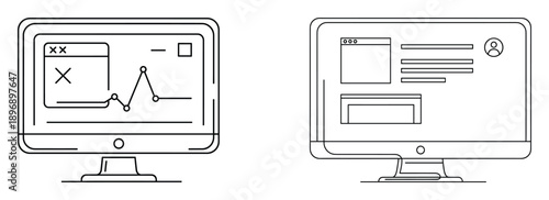 Set of computer monitor icons one with analytics chart and one with user interface dashboard vector