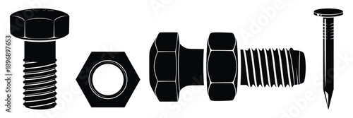 Assortment of construction fasteners including hex head bolt nut and sharp pointed nail vector illustration set