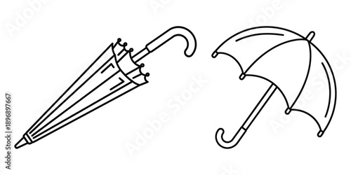 Set of outlined umbrella designs showing open and closed states protection from rainy weather vector illustration
