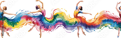Panoramic, colorful, ballet, dancers, illustration, flowing, rainbow, motion, expressing, grace, elegance, creativity, artistic, movement, modern, dance, performance, abstract, watercolor, design