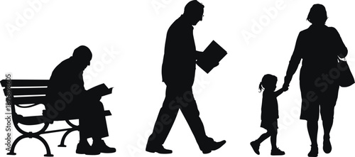 Family silhouettes in park showing reading and walking moments, illustrating parenthood, everyday life, social interaction and modern family lifestyle concept on white background