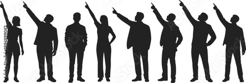 Group of male and female silhouettes pointing upward, symbolizing vision, leadership, direction, teamwork and business strategy concept, isolated on white background illustration