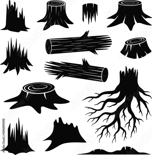 Tree stump silhouette set black vector illustration logs roots forest design isolated white background woodcut nature collection graphic clipart elements
