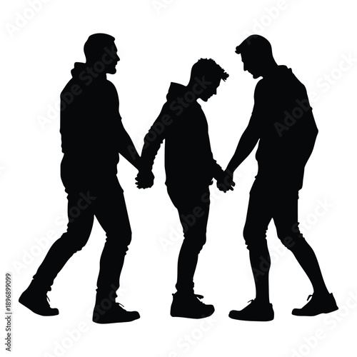 Silhouettes of young men holding hands together each other